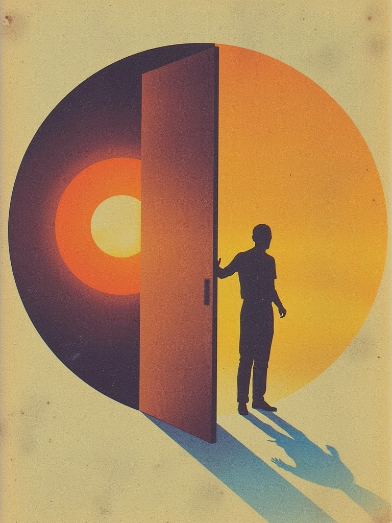 BL4C style symbolic art, rough print, film grain, chromatic color palette, shadow figure of a man opening a door and stepping out of a giant eyeball