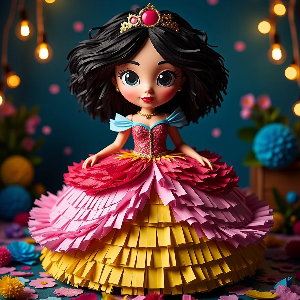 PinataFlux, cartoon woman wearing a princess dress made of pinata, colorful paper, the woman is made of paper, The scene is rendered in high-resolution, photorealistic detail, with the lighting highlighting, very aesthetic, happy vibes and gloomy white lights