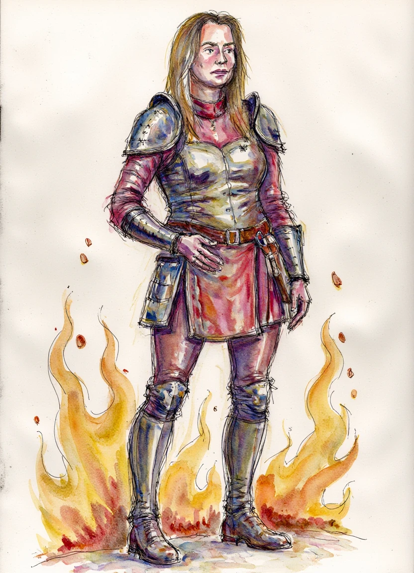 pen_watercolour_style, a female warrior with long brown hair in leather and steel armor standing in a battle pose amid flames