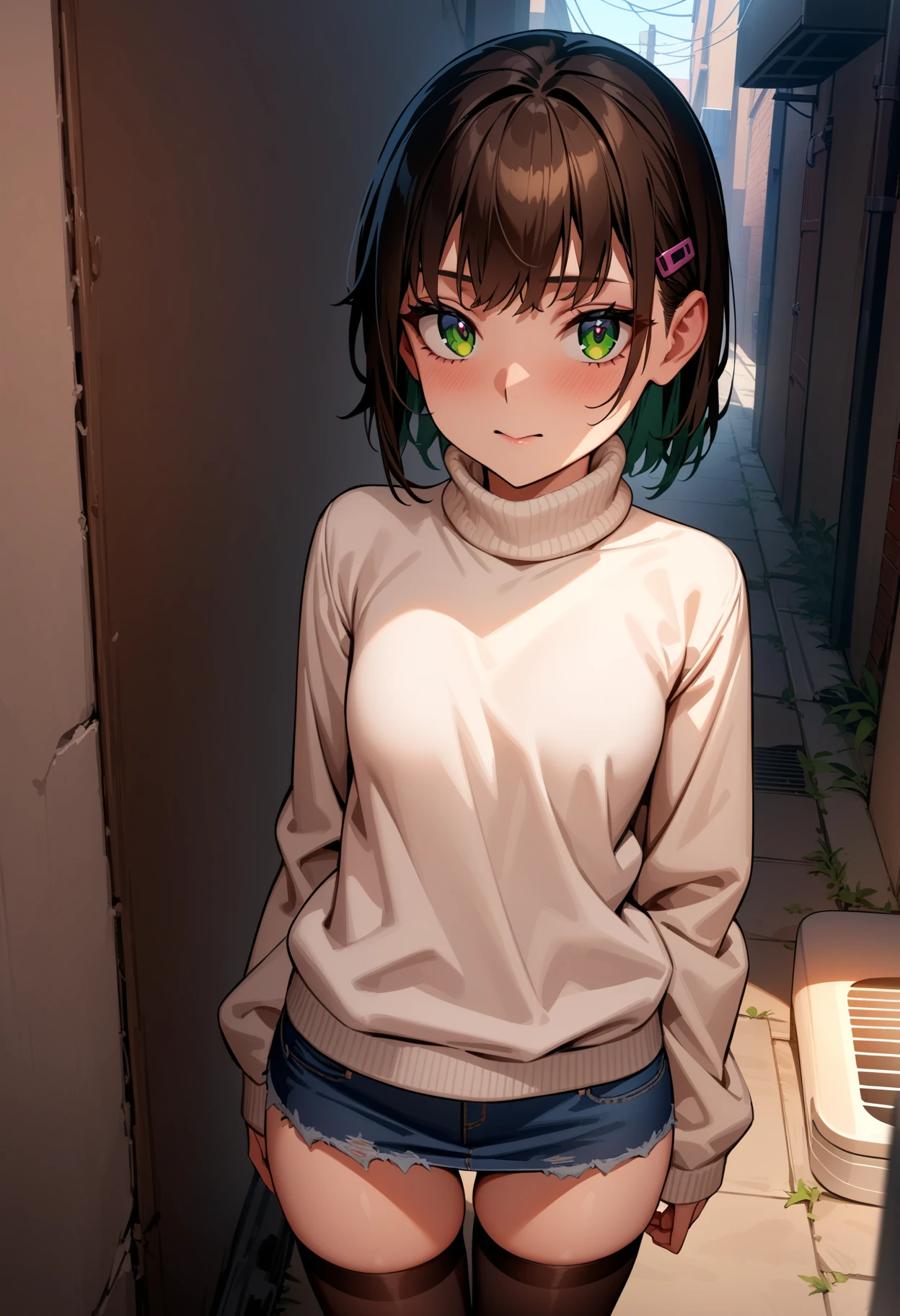 masterpiece,best quality,very aesthetic,absurdres,
1girl,
<lora:Shoujo_v1+2+3:1>,shoujo02,green eyes,hairclip,lwhite sweater,white turtleneck sweater,zettai ryouiki,denim_skirt,black_thighhighs,sneakers,<lora:Fixhands_anime_bdsqlsz_V1:1>,
looking at viewer,standing,cowboy shot,back alley,air conditioner,looking_at_viewer,posing,, masterpiece,best quality, very aesthetic, absurdres, ultra detailed, high resolution, 4k, extremely detailed CG,