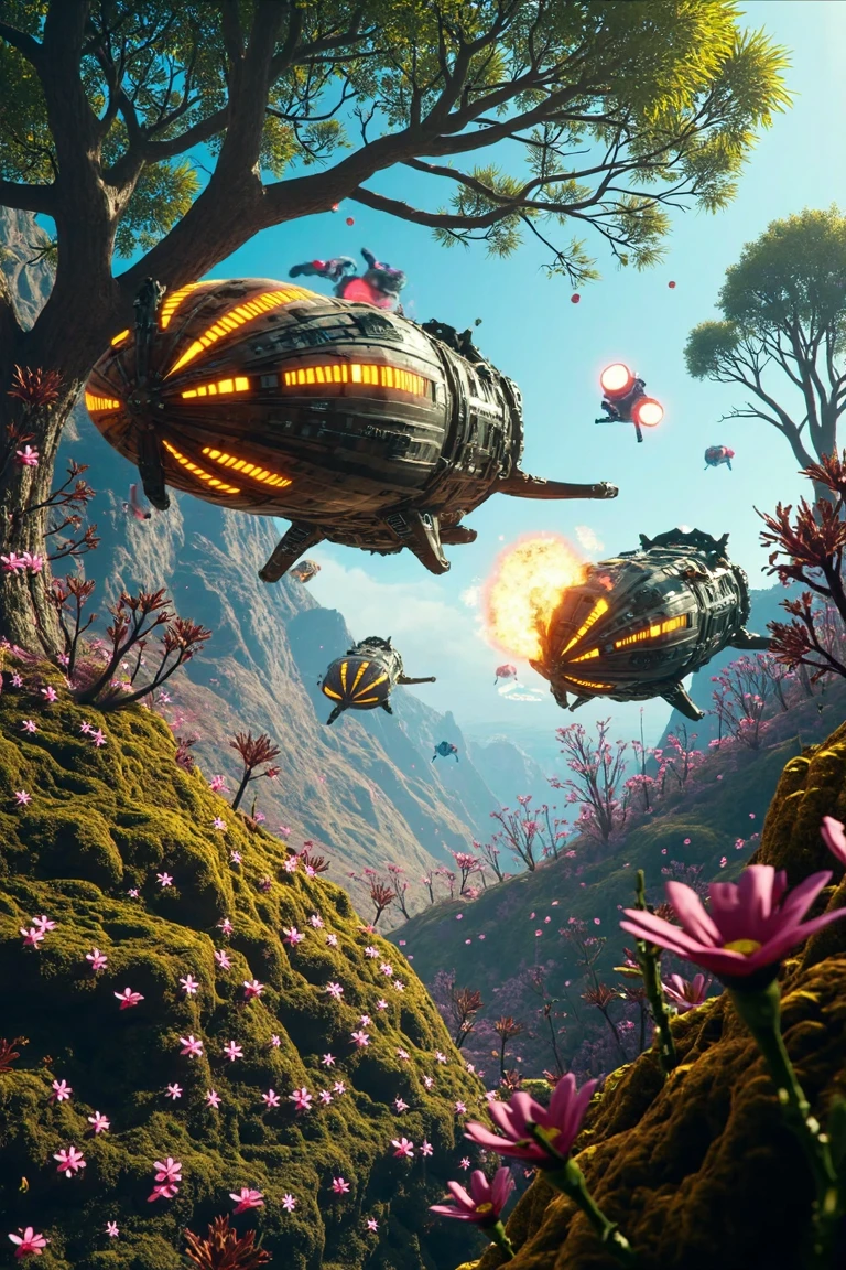 art by Harry Clarke, Eugène Grasset and Alphonse Mucha, octane render, landscape of a Decorated Vibrant spacebattle and Shrub, Spring, Realistic, Weirdcore, specular lighting, 80mm