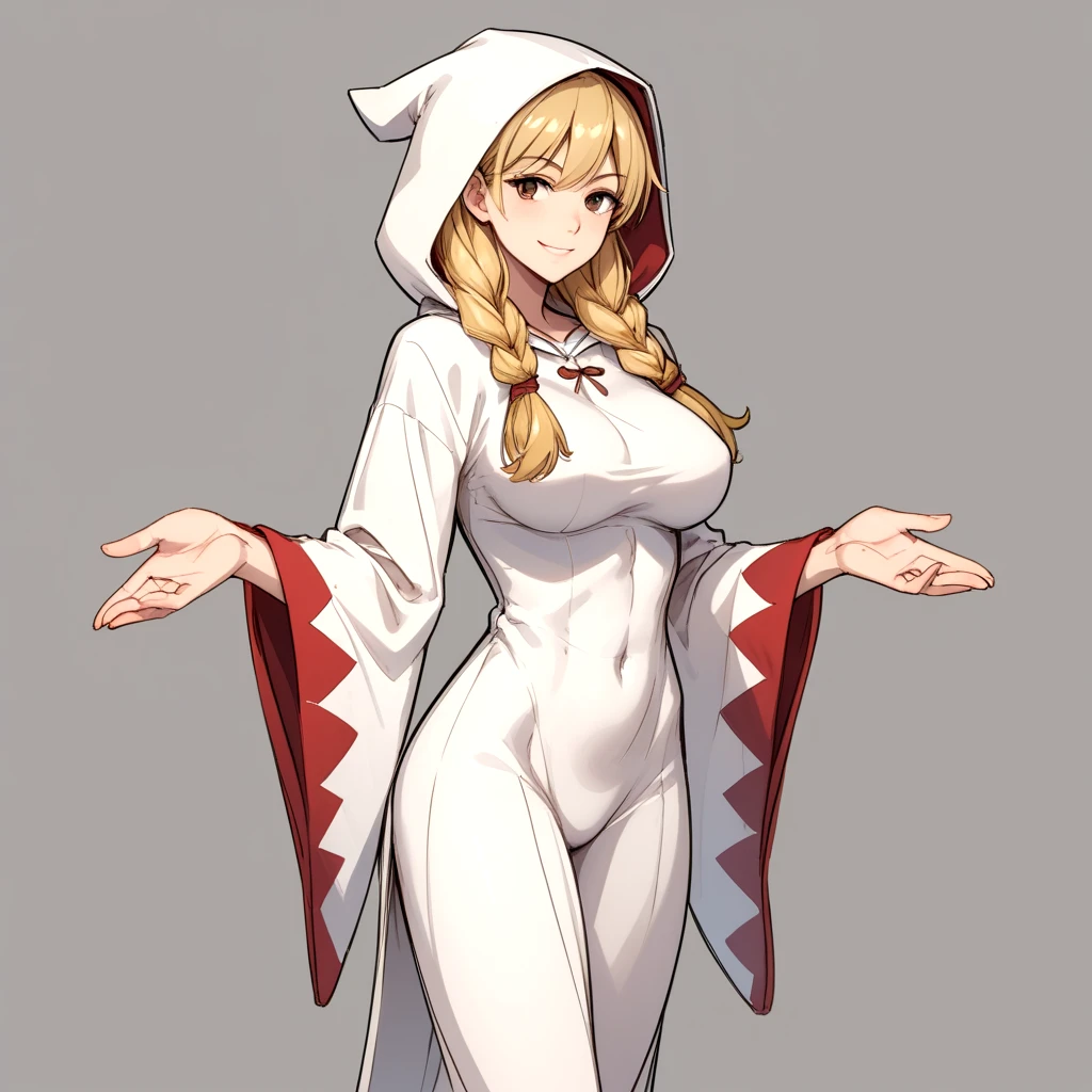 large breasts, (abs:0.5), <lora:Final_Fantasy_Tactics_White_Mage:.5> fftwhitemage, 1girl, solo, twin braids, hood, smile, braid, blonde hair, long hair, brown eyes, looking at viewer, hair over shoulder, robe, wide sleeves, breasts, sketch, sketch manga style traditional media croquis colored (medium),, score_9, score_8_up, score_7_up, BREAK,, sexy pose, sexy, slutty, seductive, flirty, flirt, posing seductively,, thin waist, tight body, athletic body,, strong legs, strong thighs, barefoot,