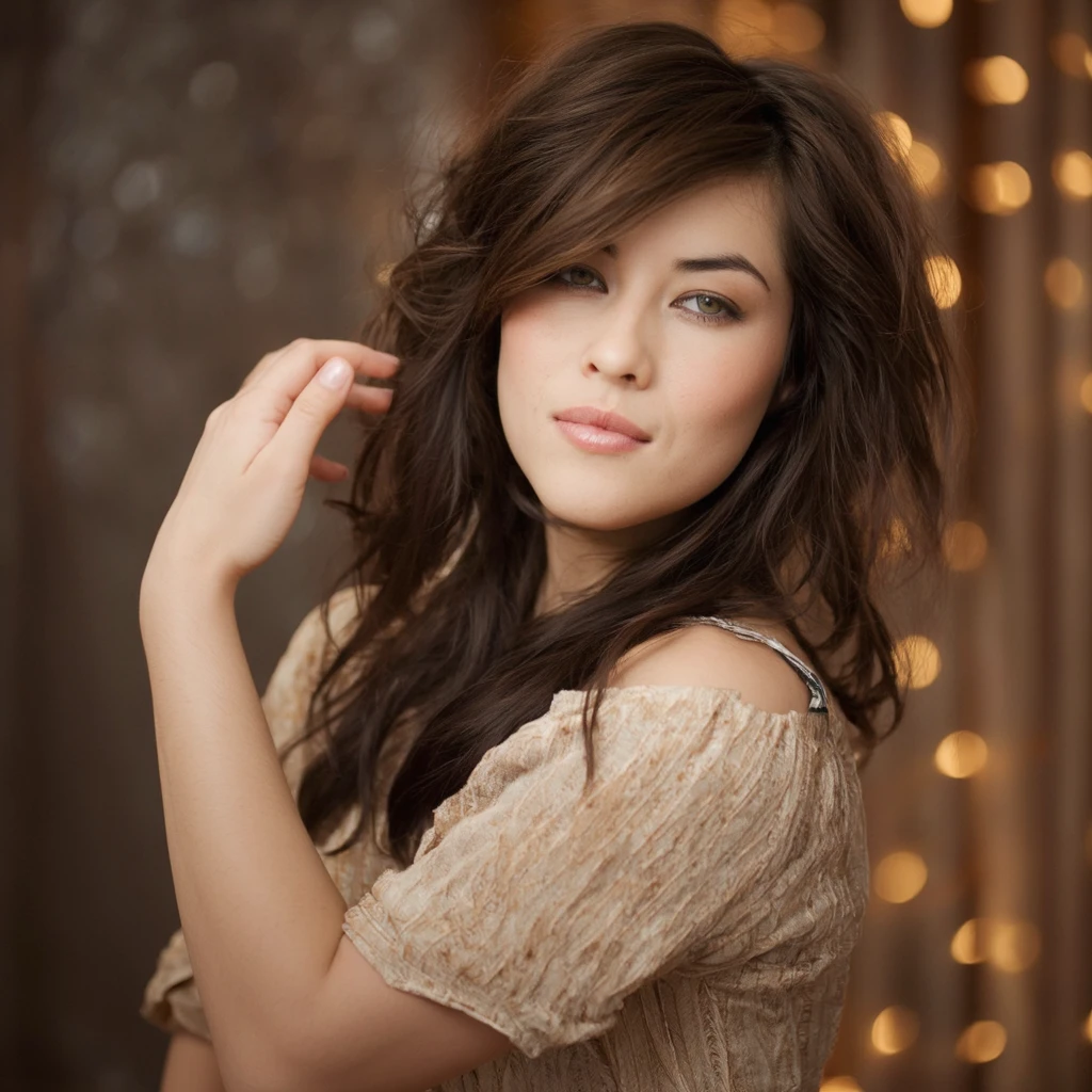 A portrait of mylene_jampanoi with long, flowing brown hair, set against a bokeh background of warm, golden lights. She wears a textured, off-the-shoulder top with a subtle sheen. Her pose is contemplative, with one hand extended outward, as if presenting something or presenting something. The color palette is dominated by earthy tones, with the warm glow of the lights contrasting against the woman's pale skin and the cool tones of her clothing.