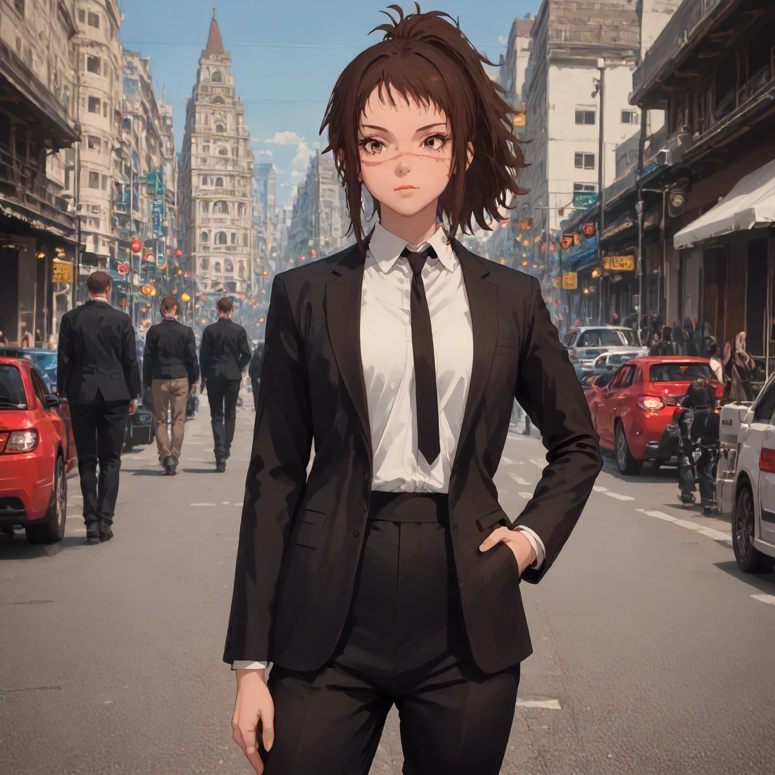 csmt3ndo, 1girl, brown eyes, brown hair, scar on face, ponytail, suit, looking at viewer, cowboy shot <lora:Character CSM Michiko Tendo:1>, score_9, score_8_up, score_7_up, score_6_up, score_5_up, score_4_up, masterpiece, detailxl. BREAK