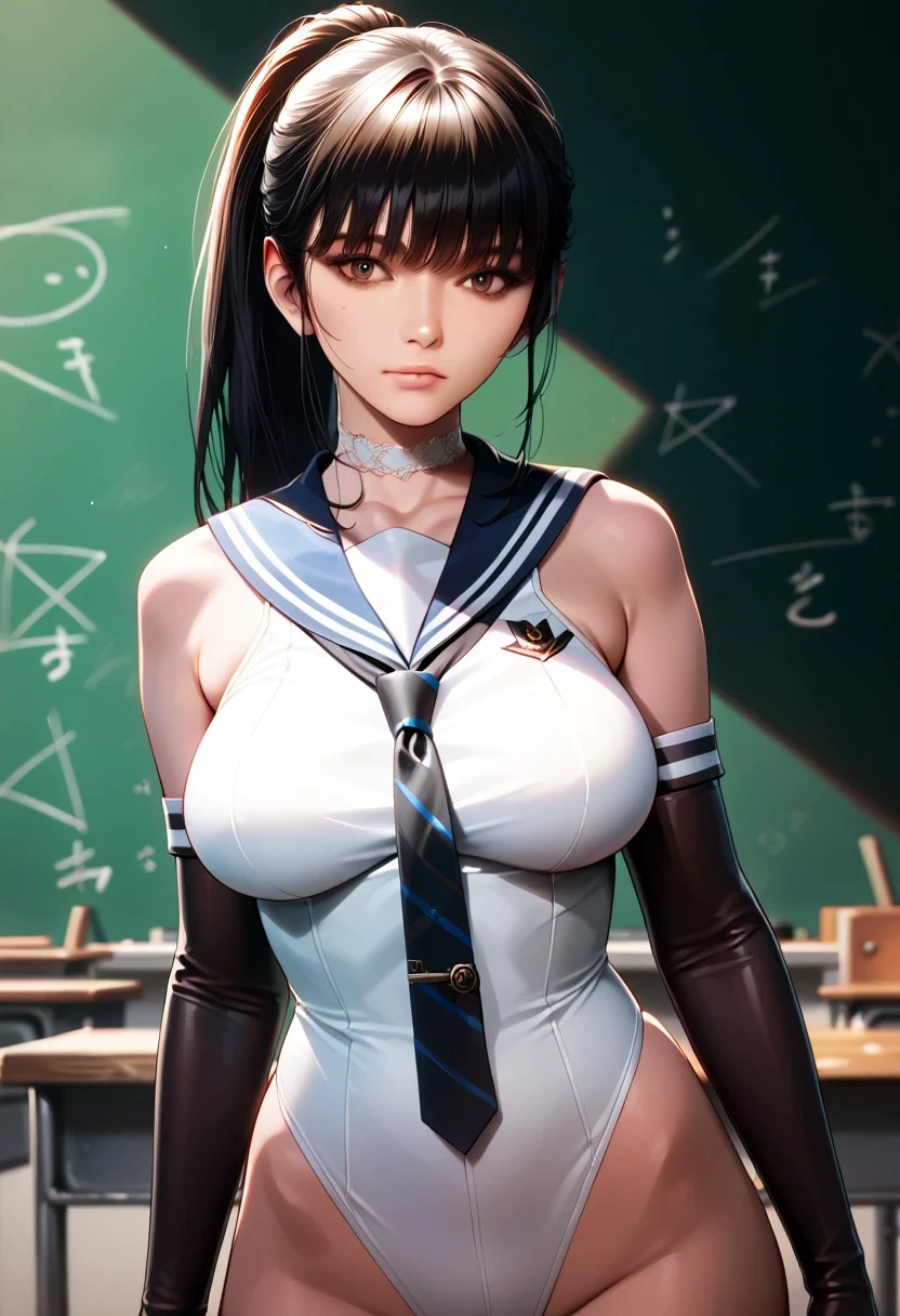 score_9,score_8_up,score_7_up,source_anime, EVE07,1girl,solo,long hair,breasts,looking at viewer,bangs,large breasts,black hair,brown eyes,ponytail,necktie,elbow gloves,sailor collar,realistic,chalkboard,