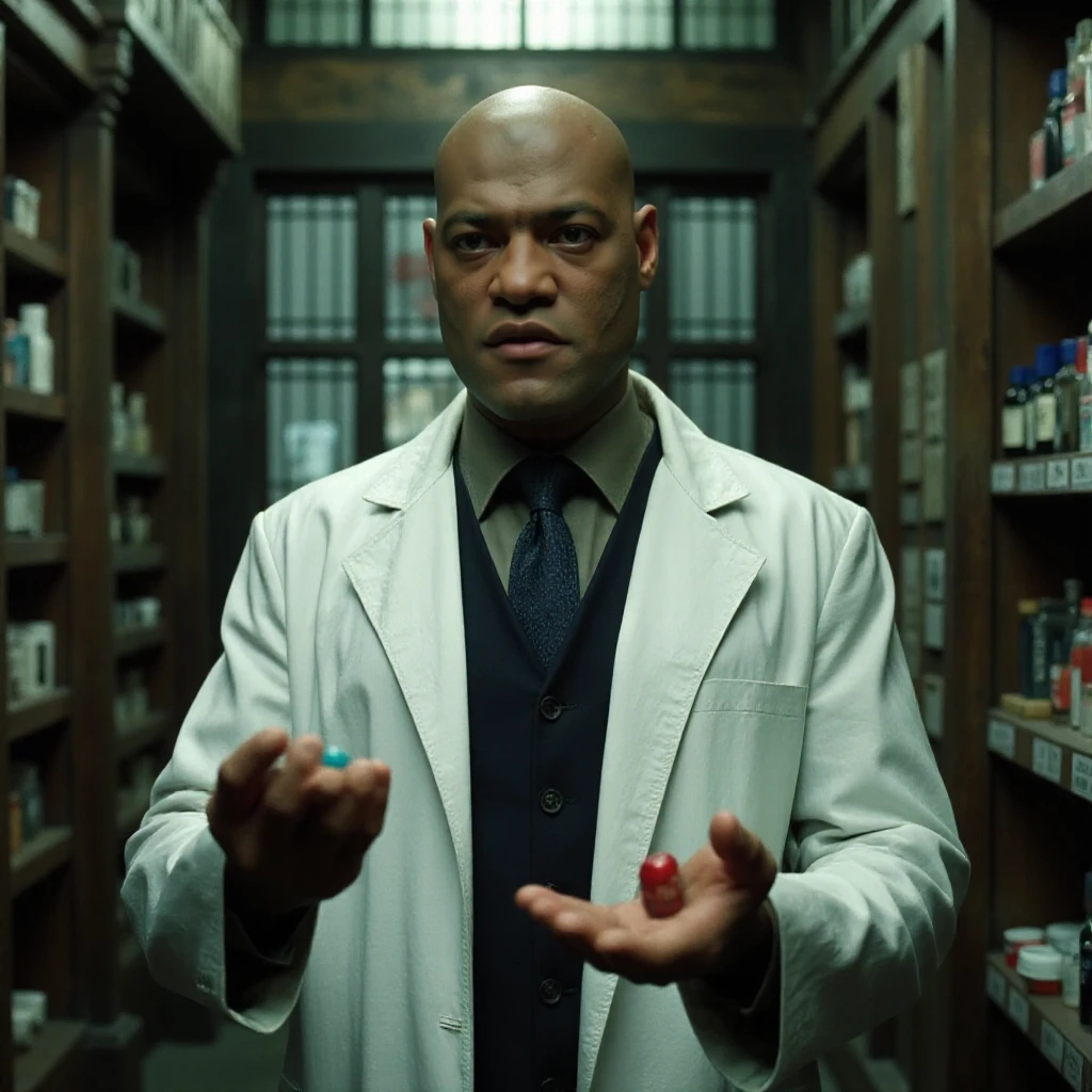 Morpheus is a bald man. He is a pharmacist in a white coat, standing in a pharmacy. He is offering a blue pill in one hand and a red pill in the other. He is facing the viewer and looking at them  <lora:Morpheus:0.9>