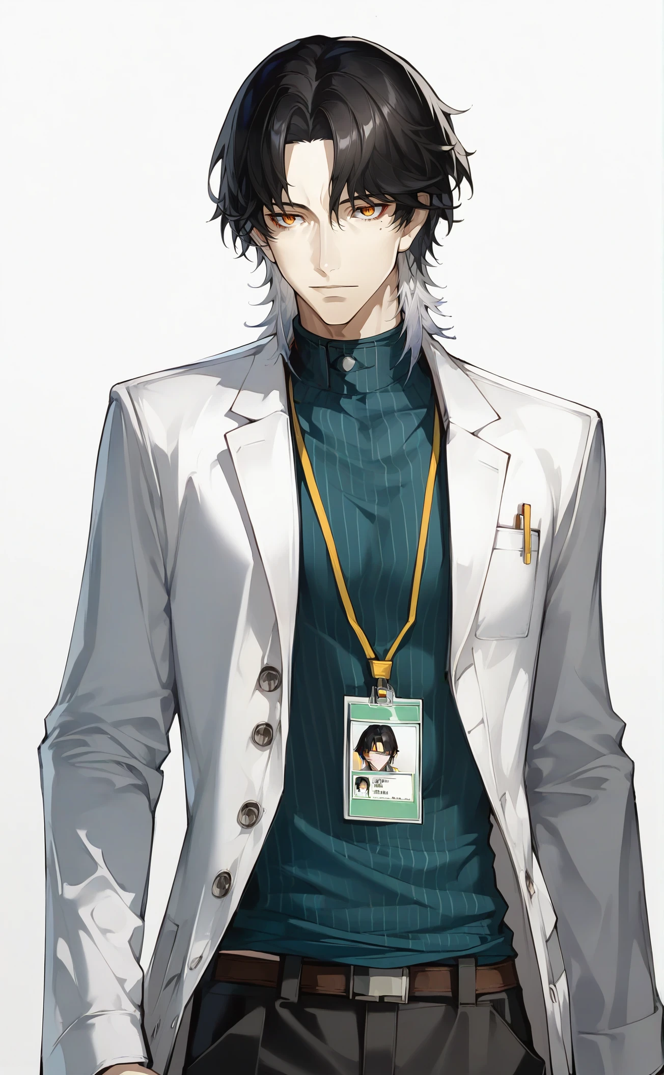 score_9,score_8_up,score_7_up,source_anime,1boy,kitasato_kira,male focus,multicolored hair,black hair,white hair,black pants,somoss,expressionless,slender,mole,pale skin,fair skin,doctor,id card,orange eyes,standing,,,simple background,white background,<lora:somoss:0.8>,<lora:kitasato_kira:0.8>