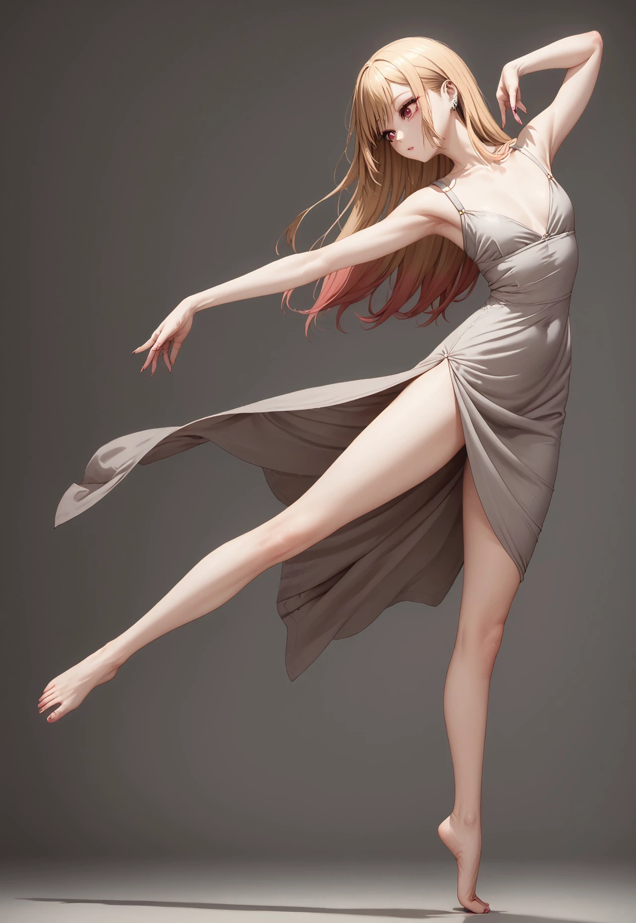 
score_9, score_8_up, score_7_up, ((( )))
,
((( 1girl, solo, Pose002, dancing, standing on one leg)))
,
((  ))
,
((( Petite )))
,
((( )))
,
((marin kitagawa, long hair, bangs, blonde hair, red eyes, multicolored hair, dancing dress)
,
(( Empty white room ))
,
(((  )))
,
((((  ))) 