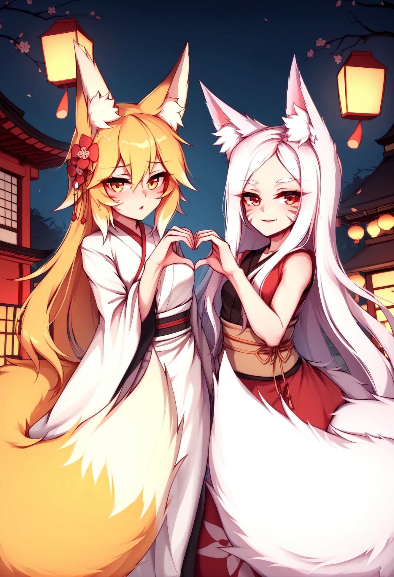 by foxykuro, by kie \(wylee2212\), masterpiece, best quality,
2girls, shiro \(sewayaki kitsune no senko-san\), fox girl, fox tail, fox ears, white hair,  whisker markings, red eyes, :3,
senko \(sewayaki kitsune no senko-san\), fox girl, fox tail, animal ear fluff, hair flower, yellow eyes,
both wearing furisode kimono, adult female, heart hands duo,
outdoors, dark night,  pagoda, lanterns