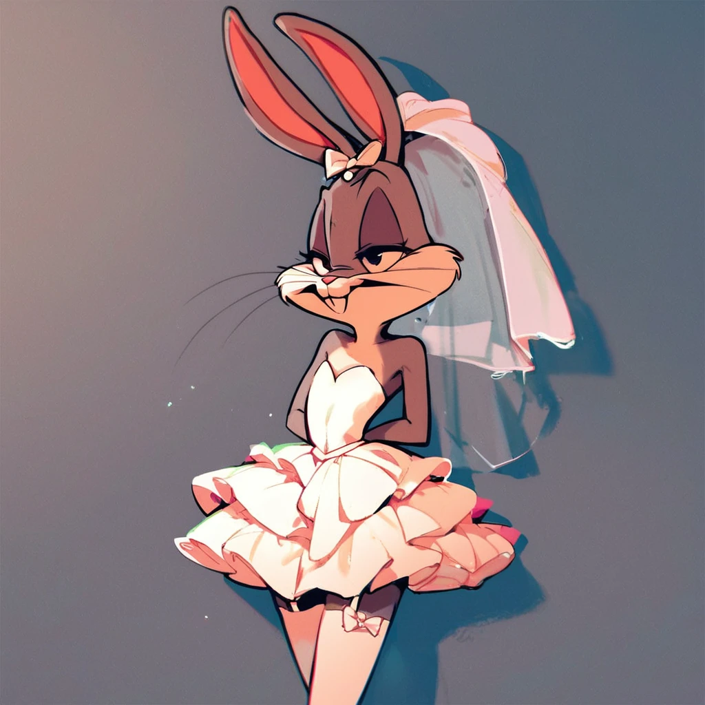 score_9,score_8_up,score_7_up,score_6_up,<lora:bugs bunny, effete+fem test 1,0 epoch 100 - steps 25:0.6>,(bugs bunny:0.9),thigh highs,flat chest,1boy,1girl,solo,dress,grey fur,gown,(wedding gown:1.1),animal ears,(cartoon /style:1.2),(bow:1.2),