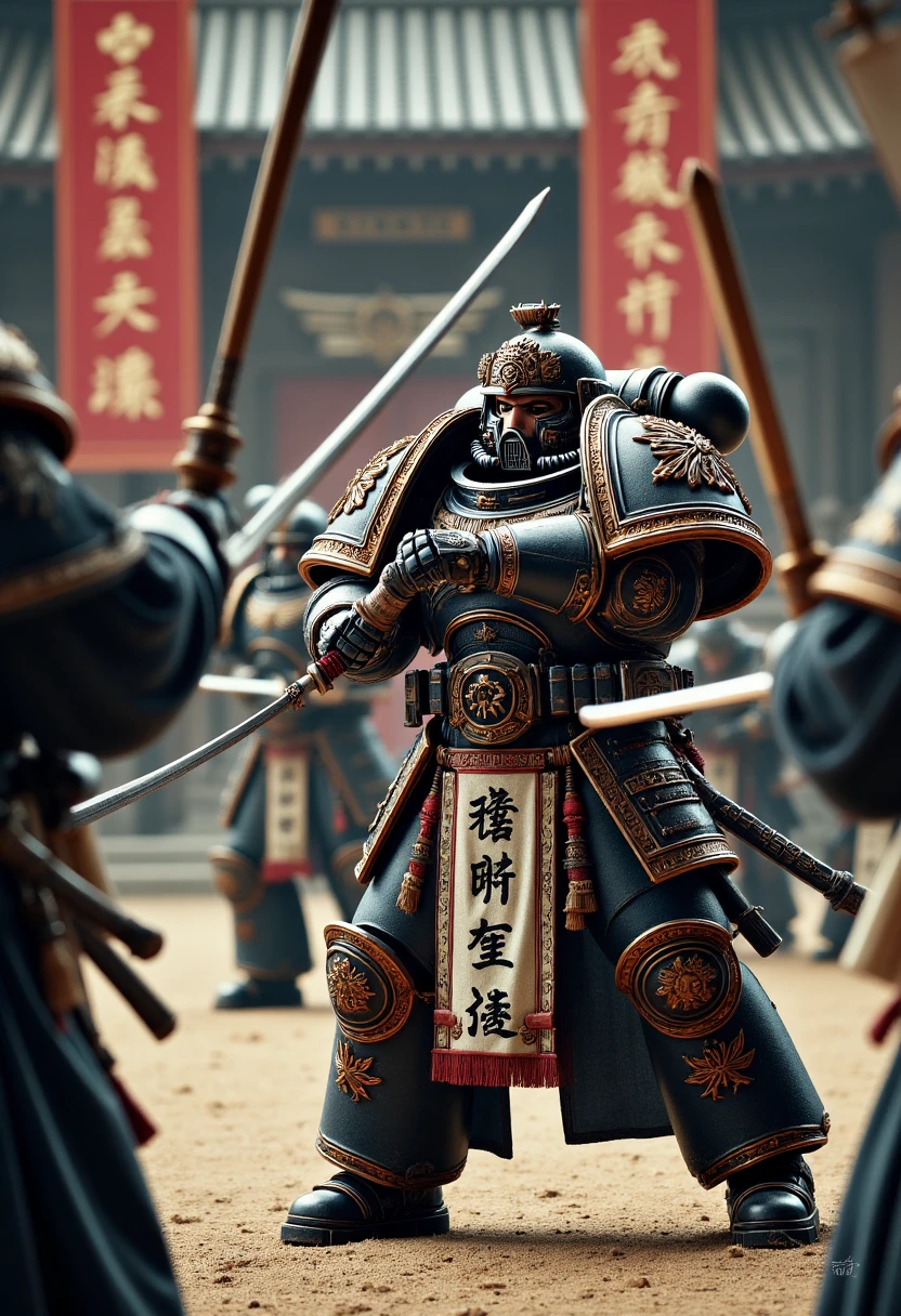 Image a photorealistic depiction of an Edo Space Marine conducting a ceremonial battle practice in their monastery's training grounds. The Marine, in full combat gear, spars with a training partner using wooden practice weapons. Traditional training equipment and banners are visible around them. Photorealism & Style: Medium shot from the side, showing the Marine in mid-action. The lighting is natural and focused, emphasizing the disciplined movements and the traditional setting of the training grounds.