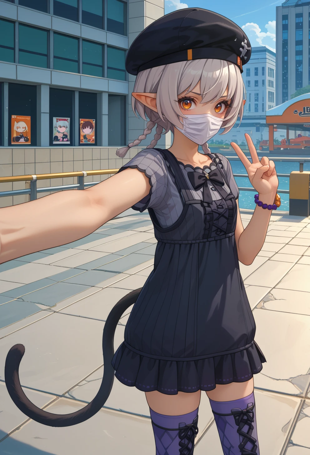 score_9, score_7_up, source_anime, BREAK <lora:AEArchie:0.8> AEArchie, orange eyes, brown eyes, grey hair, short hair, low twintails, twin brainds, pointy ears, animal ears, braid, cat tail, dark-skin, mole under eye, tail bow, mouth mask, black headwear, beret, black bow, grey shirt, short sleeves, black dress, short dress, center frills, bead bracelet, watch, argyle legwear, grey thighhighs, purple thighhighs, blue thighhighs, boots, cross-laced, white footwear, zettai tyoiki, 
selfie stick, v,