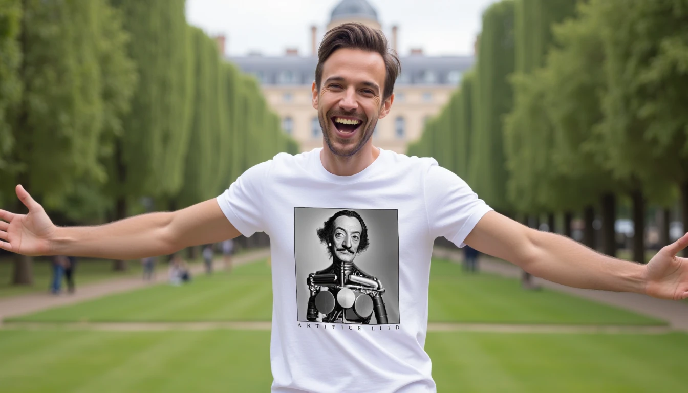 handsome man wearing a white t-shirt with surreal Dalí-like robotic portrait labeled 'ARTIFICE LTD.', outstretched arms, mouth open smiling, city park
