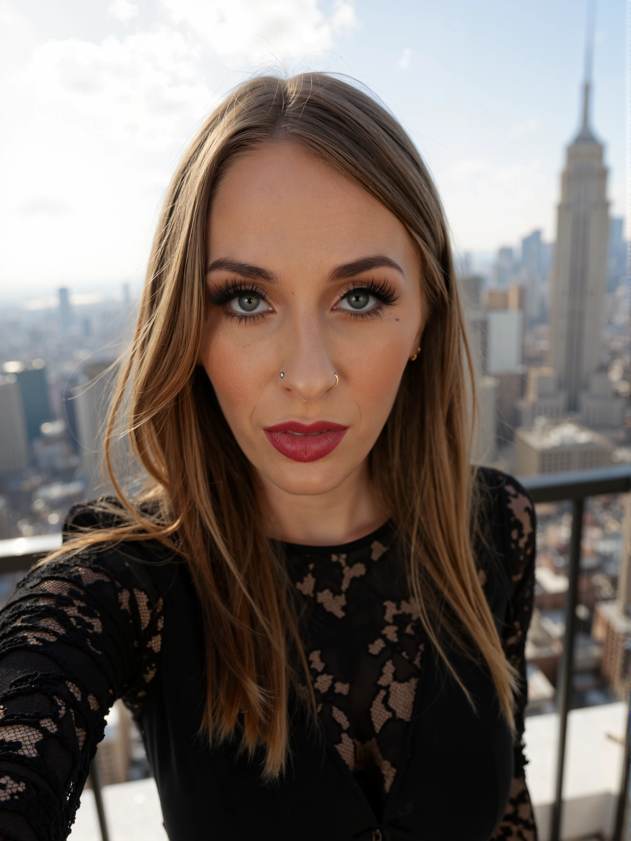 closeup headshot of a beautiful woman taking a selfie on a balcony overlooking manhattan.
The woman is looking at the viewer with a seductive gaze from her stunning eyes. She has heavy makeup on on and her lips are big and glossy with red lipstick. She is wearing a black lace blouse. She has dark blonde long hair. 
The photo is taken with a phone, amateur photography, film grain, bad quality.