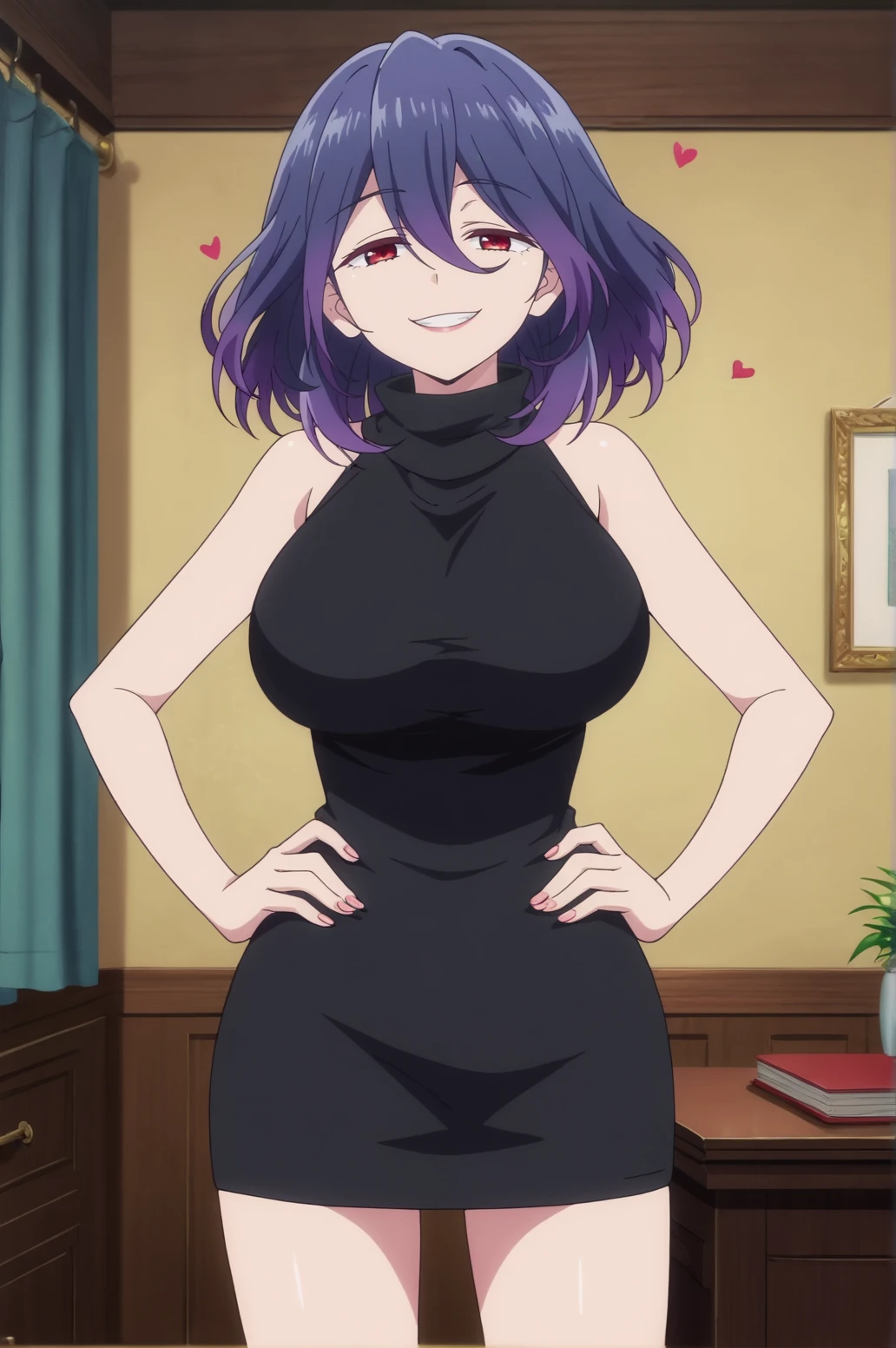 score_9, score_8_up, score_7_up,anime_source, source_anime, best background, detailed background, anime screencap,  Vermeil, black dress, indoors, hands on hips, sleeveless, smile, solo, black sweater, black turtleneck, black virgin killer sweater, naughty face, horny, cowboy shot, <lora:JN_Vermeil:0.8>