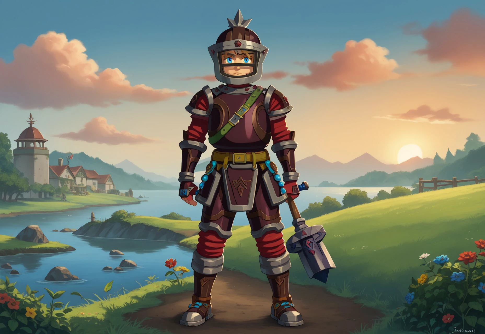 score_9, score_8_up, score_7_up, source_anime, anime coloring, village, detailed background 
BREAK
(red flamebreaker set, helmet, armor, boots) solo, looking at viewer, blue eyes, simple background, 1boy, link, standing, full body, male focus, sheikah slate, goron symbol, holding giant weapon, hammer, sunset, clouds, garden.
