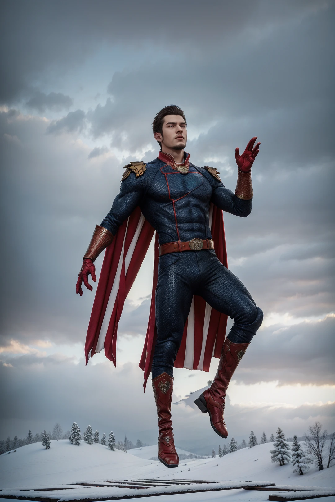 1boy,solo,homelander,shoulder,cape,gloves,belt,boots,((levitation:1.5)),((flying)),outdoors,((snow)),china,scenery,full body,Highly detailed,(ultra-detailed),(best quality,masterpiece:1.5),