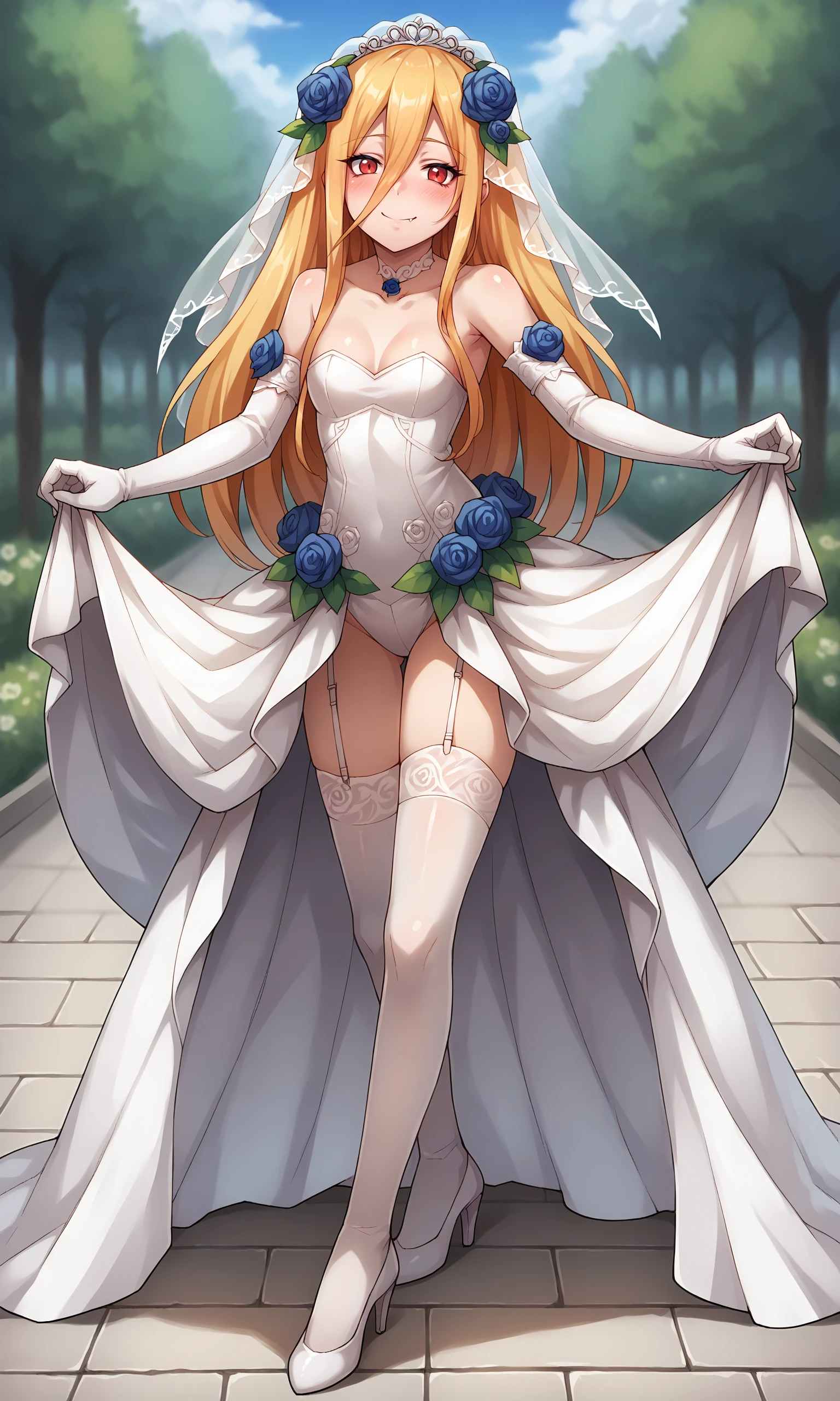 score_9, score_8_up, score_7_up, score_6_up, score_5_up, score_4_up, Evileye, looking_at_viewer, solo, collarbone, makeup, naughty_face, closed_mouth, smile, fang_out, shiny_hair, bride, hair_flower, blue_rose, wedding_dress, white_dress, strapless_dress, bare_shoulders, white_choker, white_gloves, elbow_gloves, white_garter_straps, dress_lift, white_legwear, shoes, white_footwear, pumps, high_heels, standing, leaning_forward, legs_together, full_body, outdoors, <lora:Evileye_V1.5(SDXL):1>