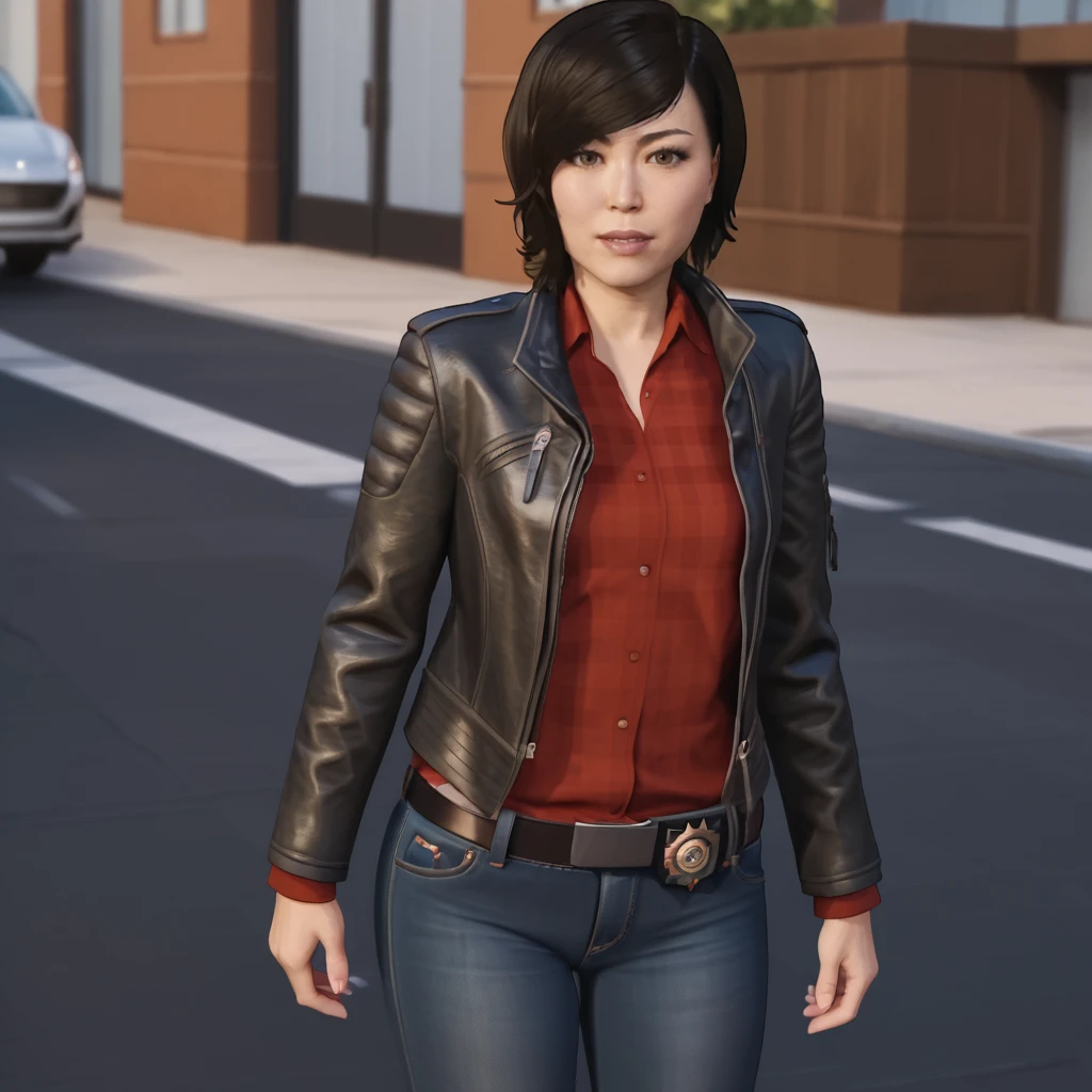 <lora:yuriwatanabespidermanps4_pony_v1:1> YuriWatanabePS4, 1girl, leather jacket, denim, pants, jeans, red shirt, short hair, black hair, belt, lips, plaid, open jacket