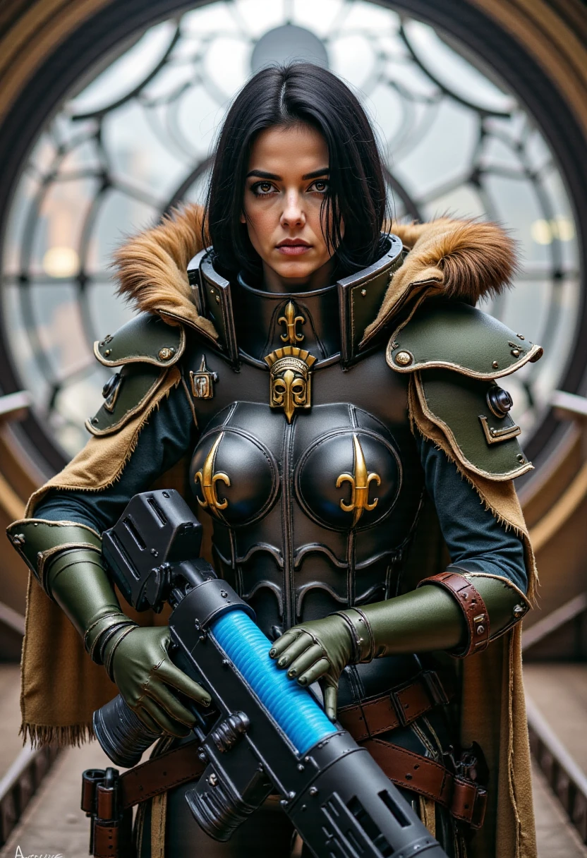 Imagine a photorealistic high-definition close-up portrait depiction of Carys, a beautiful woman with black hair, she is an Sister of Battle in dark green power armor and tan fur lined cloak standing in in a gothic style space station in front of a huge window looking at a black hole and its glowing hot event horizon disk, holding a blue glowing plasma gun in her hands