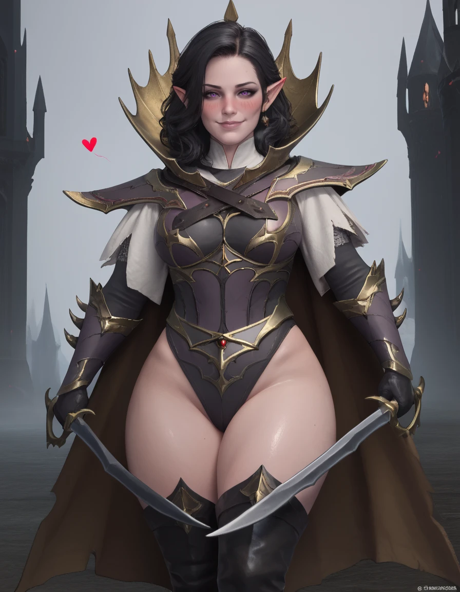 score_9, score_8_up, score_7_up,
BlackArkCorsair, mature female, dual wielding, armor, cape, thick thighs, curvy, looking at viewer,
black hair, pointy ears, purple eyes, smile, in heat, blush, hearts, pale skin,
<lora:BlackArkCorsair:1>