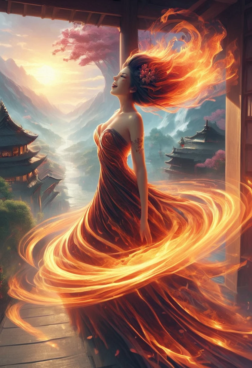 score_9, score_8_up, score_7_up, firegoddess, 1woman, fire dress, solo, Japanese temple, pagoda