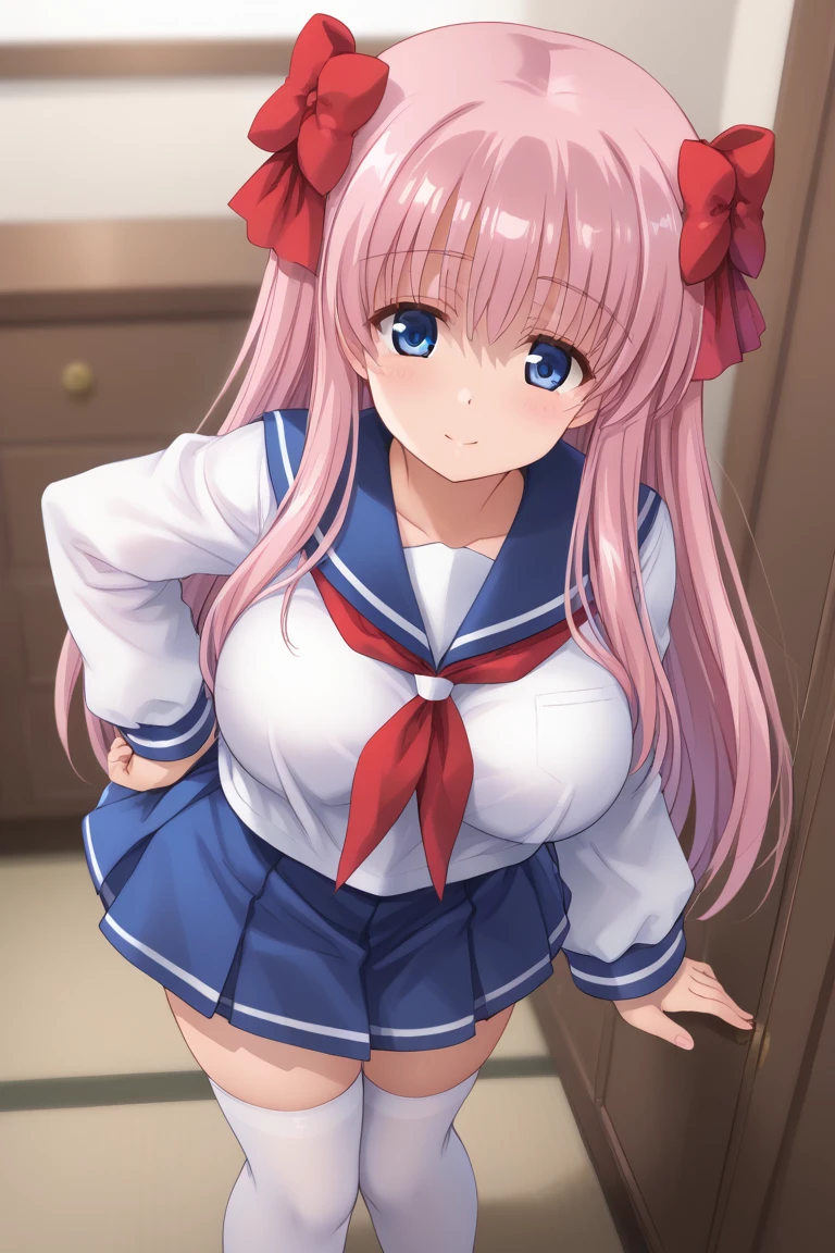 glistening_skin,Semi-subjective shot,,big_breasts,,thighhgihs,,r,,asou,room,,orgi,kamoga,,,haramura nodoka, blue eyes, pink hair, long hair, hair bow, kiyosumi school uniform, serafuku, blue skirt, white thighhighs,big breasts,,,smile,perfect eyes,above angle,focus face,view back girl