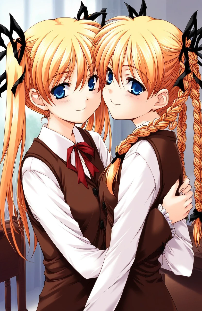 score_9, score_8_up, score_7_up, source_anime, rating_explicit, BREAK  <lora:Itsukiï¼Imi_Ver2.0_XL:1>  Itsukiï¼Imi, multiple girls, 2girls, blonde hair, twins, siblings, blue eyes, twintails, braid, ribbon, sisters, twin braids, hair ribbon, long hair, chair,
 brown vest, hug, upper body, shirt, smile, 
short stack,