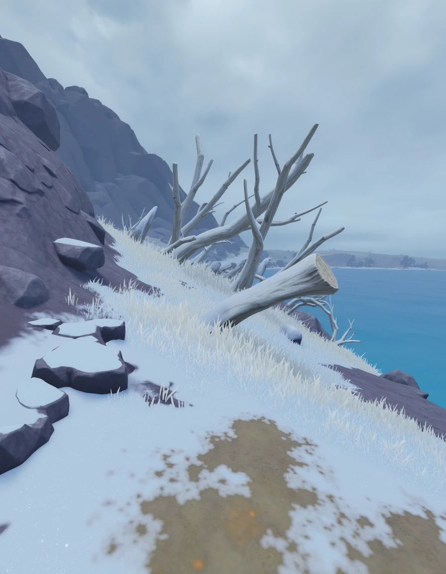 <lora:flux_genshinlandscape_dragonspine_000002800:1>genshinlandscape, An image of Dragonspine showing a snowy, rugged snow-covered grassy landscape with various patches of dirt. There is a heavy snowstorm with swirls of cloud in the background. The massive, ancient bones are partially covered with snow, creating a stark contrast against the rocky terrain. a blue lake can be seen in the distance