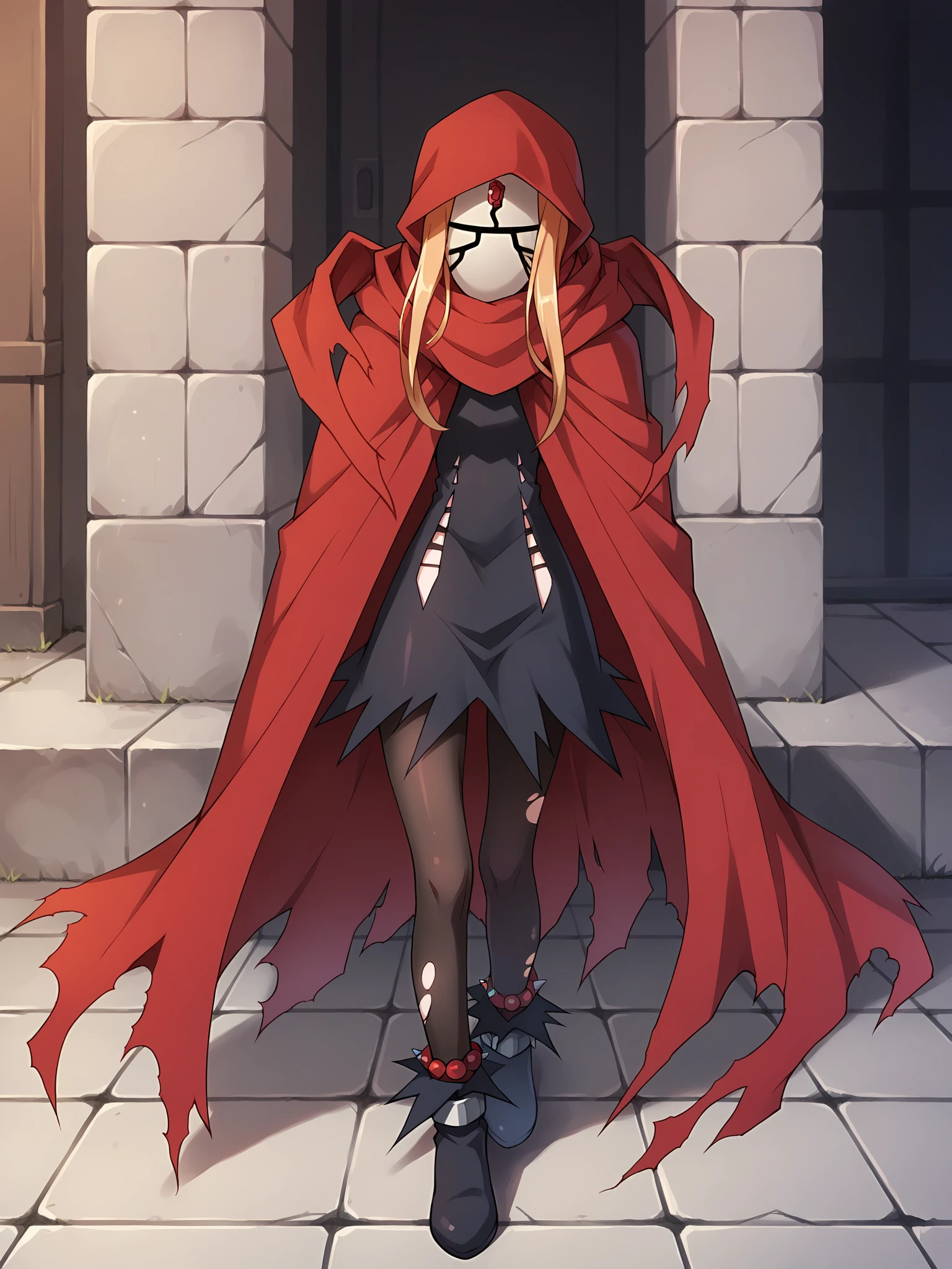 score_9, score_8_up, score_7_up, score_6_up, score_5_up, score_4_up, red_cloak_hooded_cloak_white_mask, Evileye, solo, torn_cloak, hood_up, black_dress, short_dress, torn_dress, brown_pantyhose, torn_pantyhose, boots, black_footwear, anklet, ankle_cuffs, standing, full_body, outdoors, <lora:Evileye_V1.5(SDXL):1>