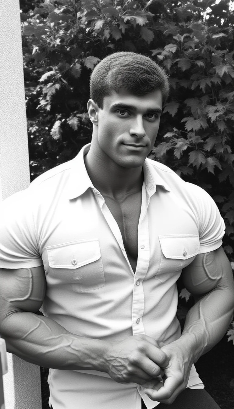 This black-and-white photograph features a  youngish (18-25) masculine @wssngr1 male muscular man standing outdoors in a park-like setting. The man has perfect hands, is positioned slightly to the right of center, has a well-defined, extremely muscular physique with bulging biceps and a broad chest. He is wearing white short sleave shirt with pockets that accentuates his muscular build, and his short, dark hair is neatly combed back. His expression is confident and slightly serious.
In the background, lush green foliage with leaves and trees can be seen, suggesting a park or garden setting. The lighting is natural, likely from the sun, casting soft shadows that enhance the texture of his skin and the definition of his muscles. To the left of the man, there is a white, textured surface, possibly a wall or part of a building, adding a contrasting element to the image.
The photograph is signed in the bottom left corner with the initials "CHROME188." The overall style is classic, with a focus on the man's physique and the natural environment. The image is high-contrast, emphasizing the details of the man's body and the textures of the foliage. The composition is slightly tilted, giving a dynamic and engaging feel to the photograph.
<lora:Hand v2:1><lora:@brtlmss1.v4.style.solo.flux1d_epoch_1:0.9><lora:JohnWessinger.v1.char.@wssngr1.flux1d_epoch_3:0.9>