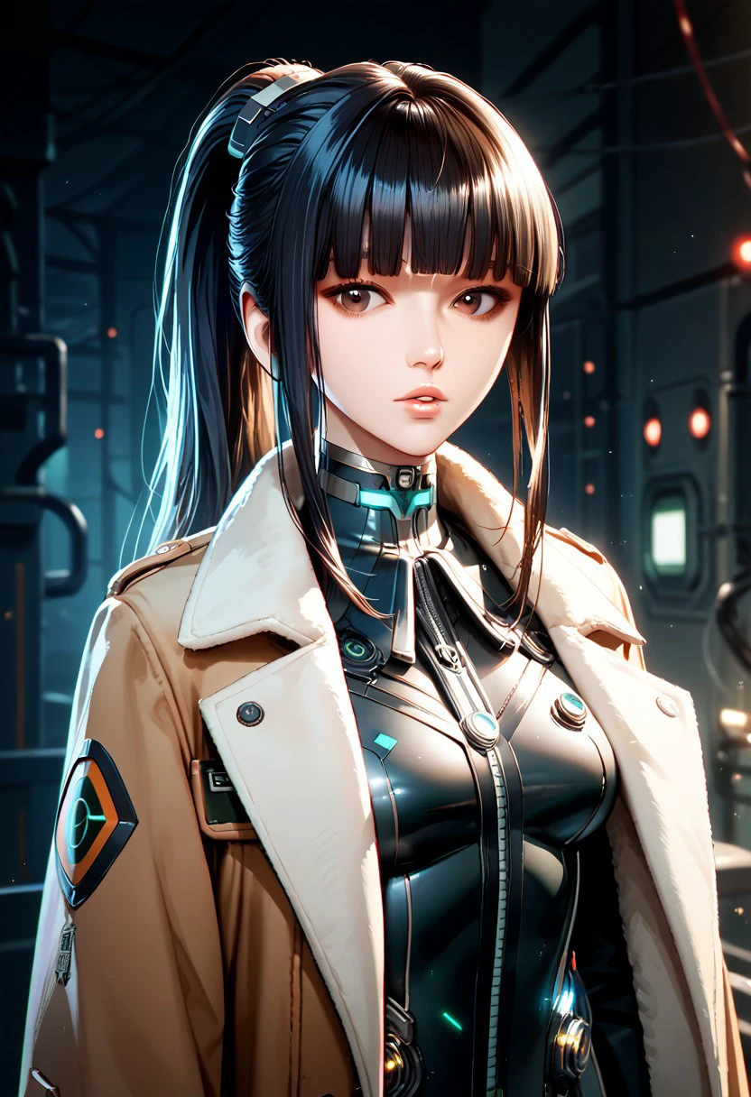 score_9,score_8_up,score_7_up,source_anime, EVE07,1girl,solo,long hair,looking at viewer,bangs,black hair,brown eyes,upper body,ponytail,parted lips,blunt bangs,lips,coat,science fiction,