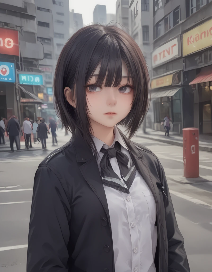 anime artwork GTA-style artwork cinematic film still A rebellious girl with leaning against a Citroen DS 32 with dual headlights,parked in a neon-lit urban area,
1girl,<lora:SUYA_TAT:1>,medium breasts,black eyes,<lora:Anime_detail_eye:0.7>,black hair,short hair,hime cut,messy hair,blunt bangs,
with her jacket adorned with very artistic letters displaying the word ("Klauss2":1.8), . shallow depth of field, vignette, highly detailed, high budget, bokeh, cinemascope, moody, epic, gorgeous, film grain, grainy . satirical, exaggerated, pop art style, vibrant colors, iconic characters, action-packed . anime style, key visual, vibrant, studio anime,  highly detailed