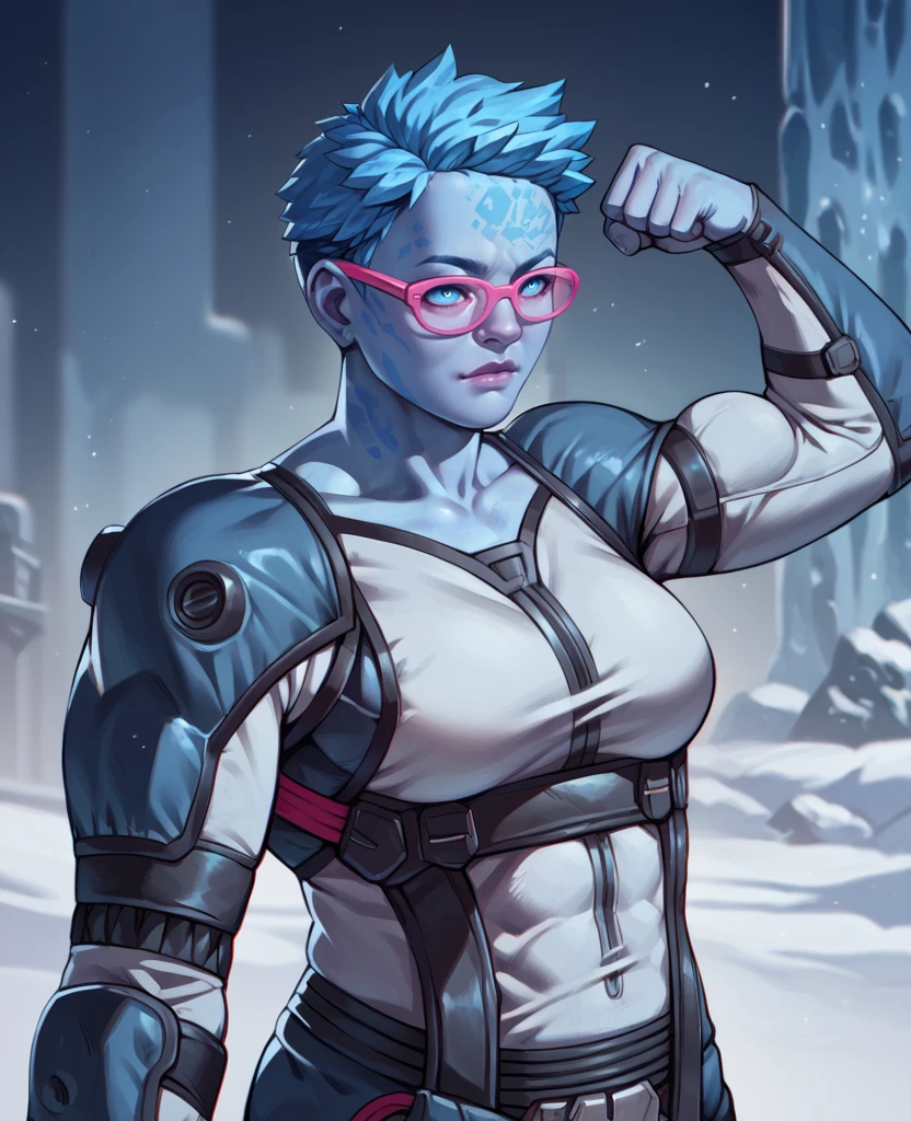 score_9,score_8_up,score_7_up,score_6_up,mrsfrzessq,blue eyes,blue ice hair,short hair,facial mark,
bodysuit,pink glasses,sleeveless,flexing,
upper body,muscular,midriff,standing, 
snow,city,night,science fiction,solo,
<lora:msfreezeSSQXK-12:0.9>,