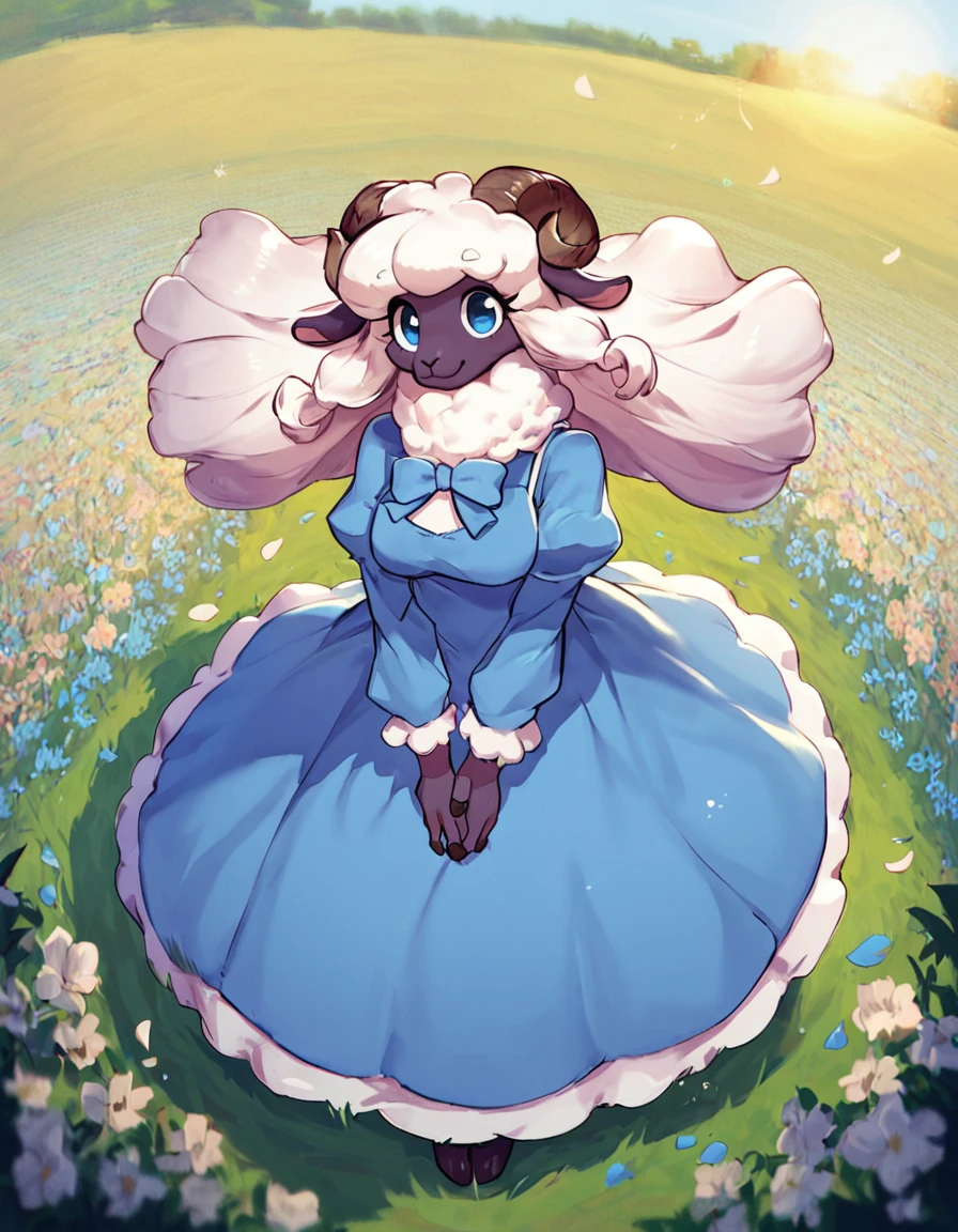 score_9, score_8_up, score_7_up, score_6_up, score_5_up,
detailed eyes, clean eyes,
detailed background, meadow, flowers,
BREAK, 1girl, dark-skinned female, anthro, sheep girl, white fur, sheep ears, white hair, (afro, hair over one eye), purple eyes, thick eyebrows, snout, body fur, furry, (muscular arms:1.4), (chubby), dirndl, german clothes, long dress, aqua dress, puffy short sleeves, collarbone, big breasts, underbust, sheep tail, small tail, flower in hair, standing, smile, chubby,
twirl_spin, holding dress, spinning, dancing, happy,
looking back at viewer