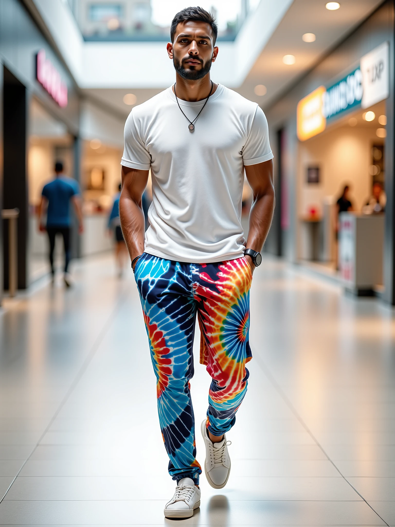 "man wearing a mad-clrfltd pants and white tshirt walking through mall <lora:colorful-tie-dye-flux:1>"