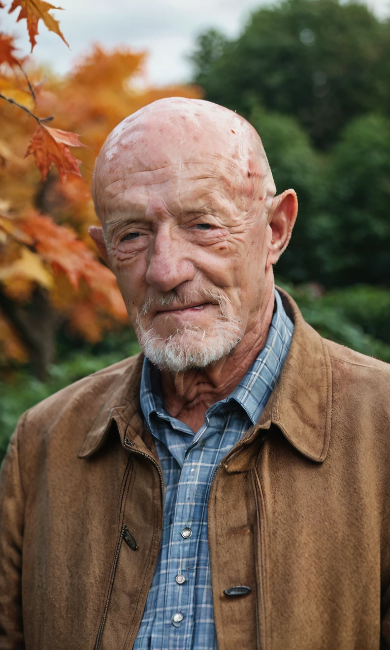 (detailed face:1.2),source_photo,score_9, score_8_up, score_7_up, score_6_up,solo,1boy,Jonathan banks,1boy, old, old man,bald,upper body,brown coat,outdoor,autumn