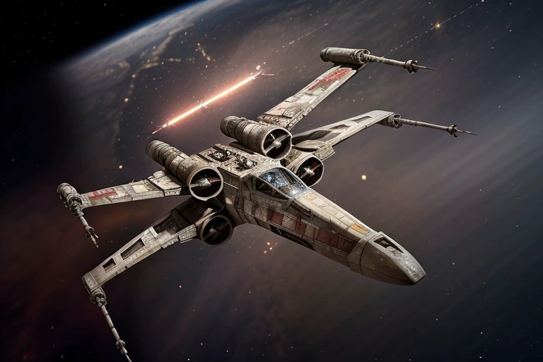 analog gloomy aerial photo of an (X-Wing), ((nighttime)), (flying in a space battle), (outer space), (planet orbit), High Detail, Sharp focus, (photorealism), realistic, best quality, 8k, award winning, dramatic lighting, epic, cinematic, masterpiece, rim light, (action movie), war,  depth of field, dutch angle,