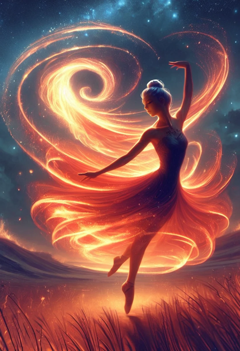 score_9, score_8_up, score_7_up, firegoddess, 1woman, moon, solo, fire dress, sky, night, single hair bun, hair bun, star (sky), crescent moon, dancing, ballet