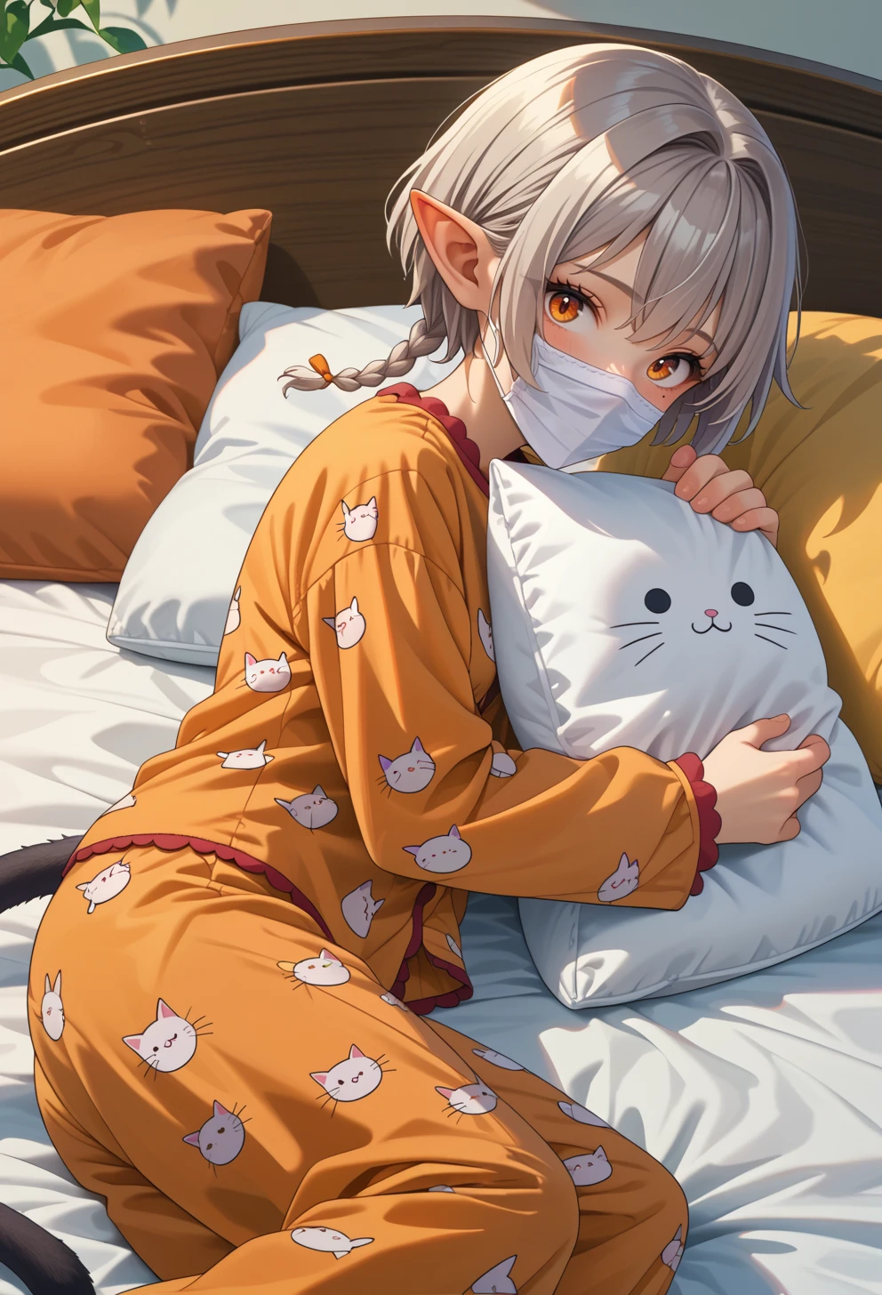 score_9, score_7_up, source_anime, BREAK <lora:AEArchie:0.8> AEArchie, orange eyes, brown eyes, grey hair, short hair, low twintails, twin brainds, pointy ears, braid, cat tail, dark-skin, mole under eye, tail bow, mouth mask, pajamas,
on bed, on side, pillow hug, solo,