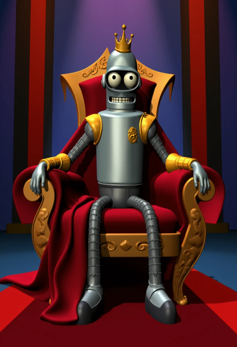 rebootstyle, Bender sitting on a throne wearing a royal red cape and golden crown.    <lora:Reboot_Style_F1D-000021:0.8>