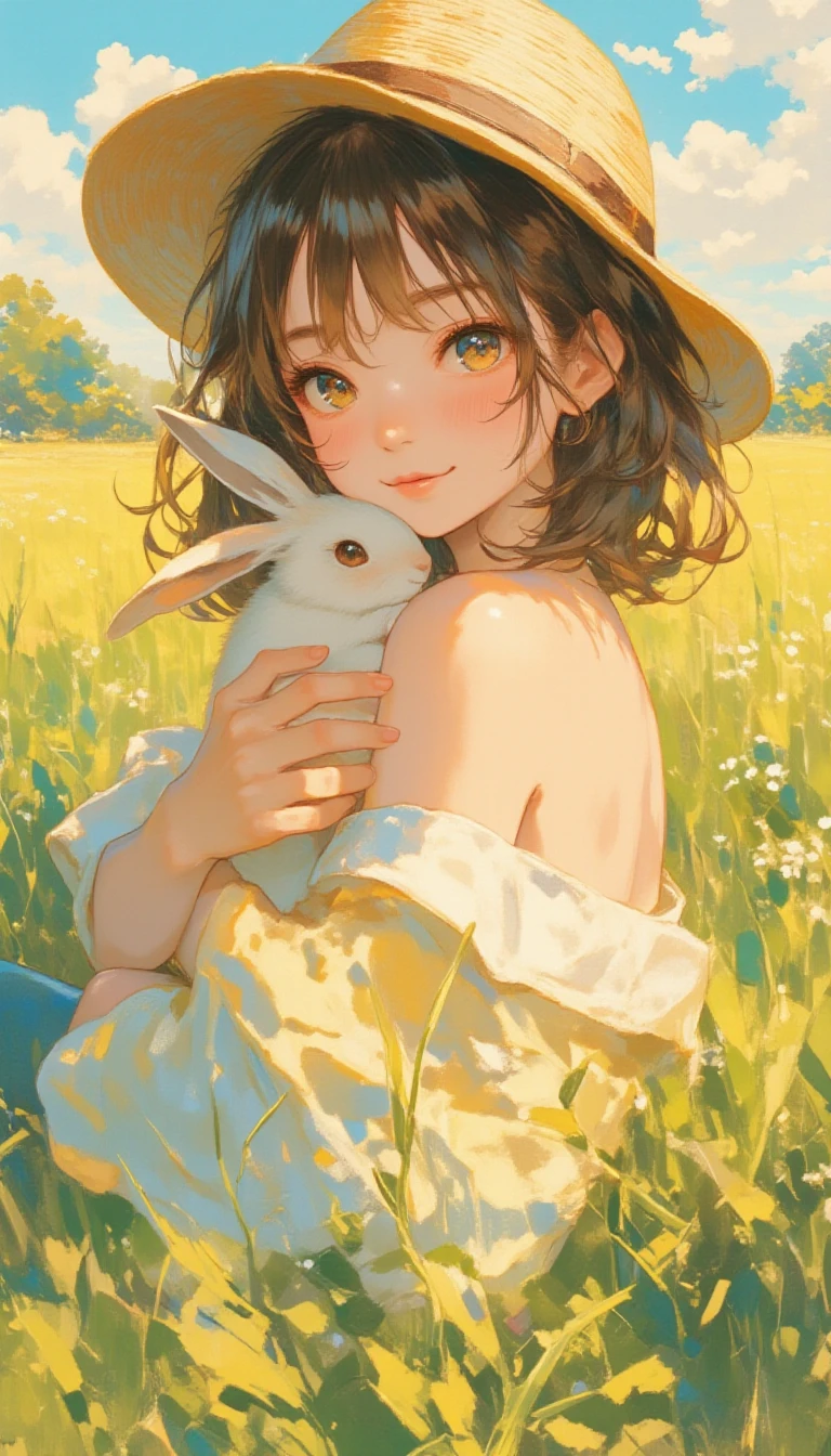 A cozy summer oil painting portrait of japanese girl with a cute bunny, style by Atey Ghailan, the air is warm and still, and the only sound is the gentle chirping of crickets, feel safe and loved, detailed eyes, perfect eyes, The scene is peaceful and nostalgic, and it brings a smile to your face,
