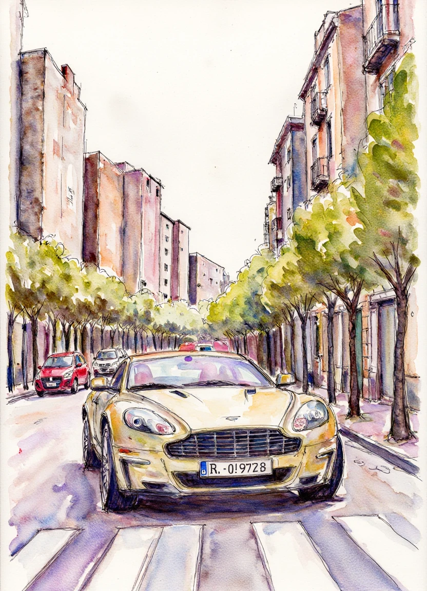 pen_watercolour_style, a sports car driving down a busy city street