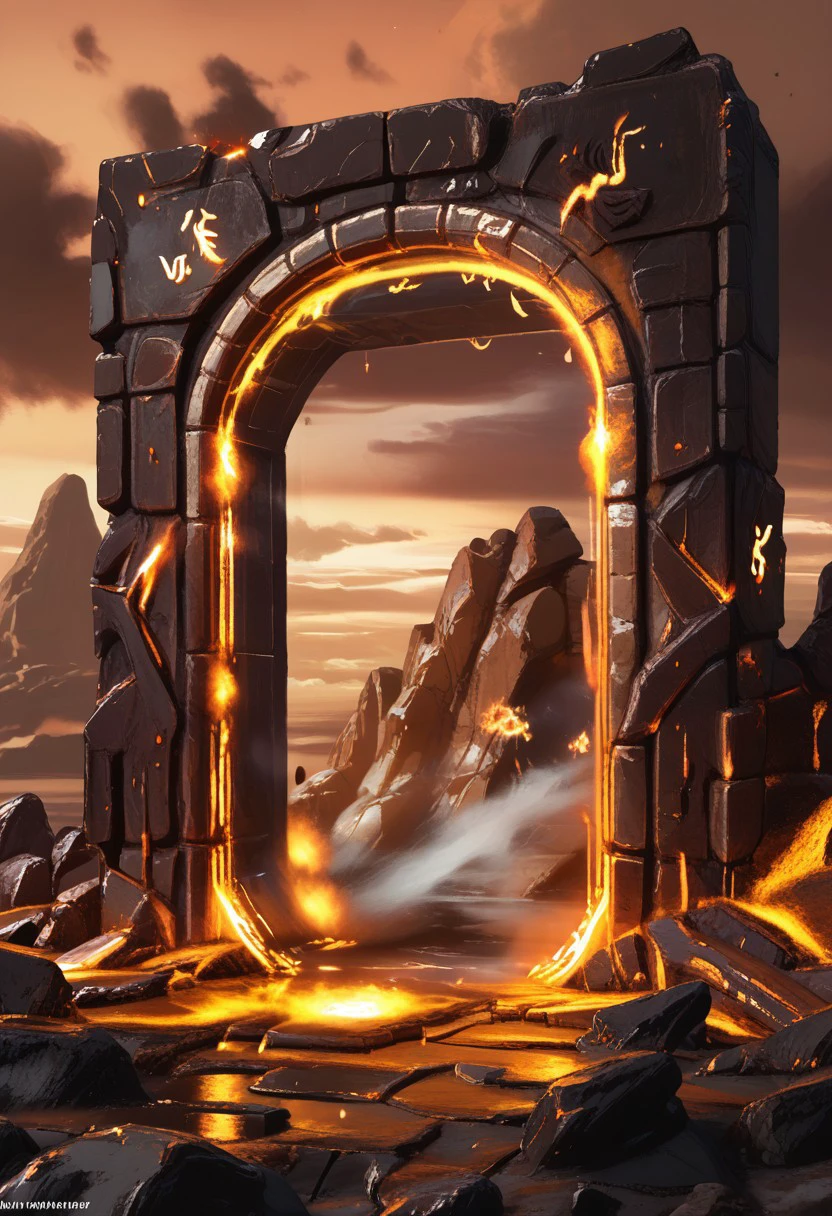 sdfxlz, no humans, molten rock, scenery, fire, sky, outdoors, portal, portals, doorway, futurism, fantasy, background, realistic, ultra hd, 32k BREAK PonyXLV6_Scores