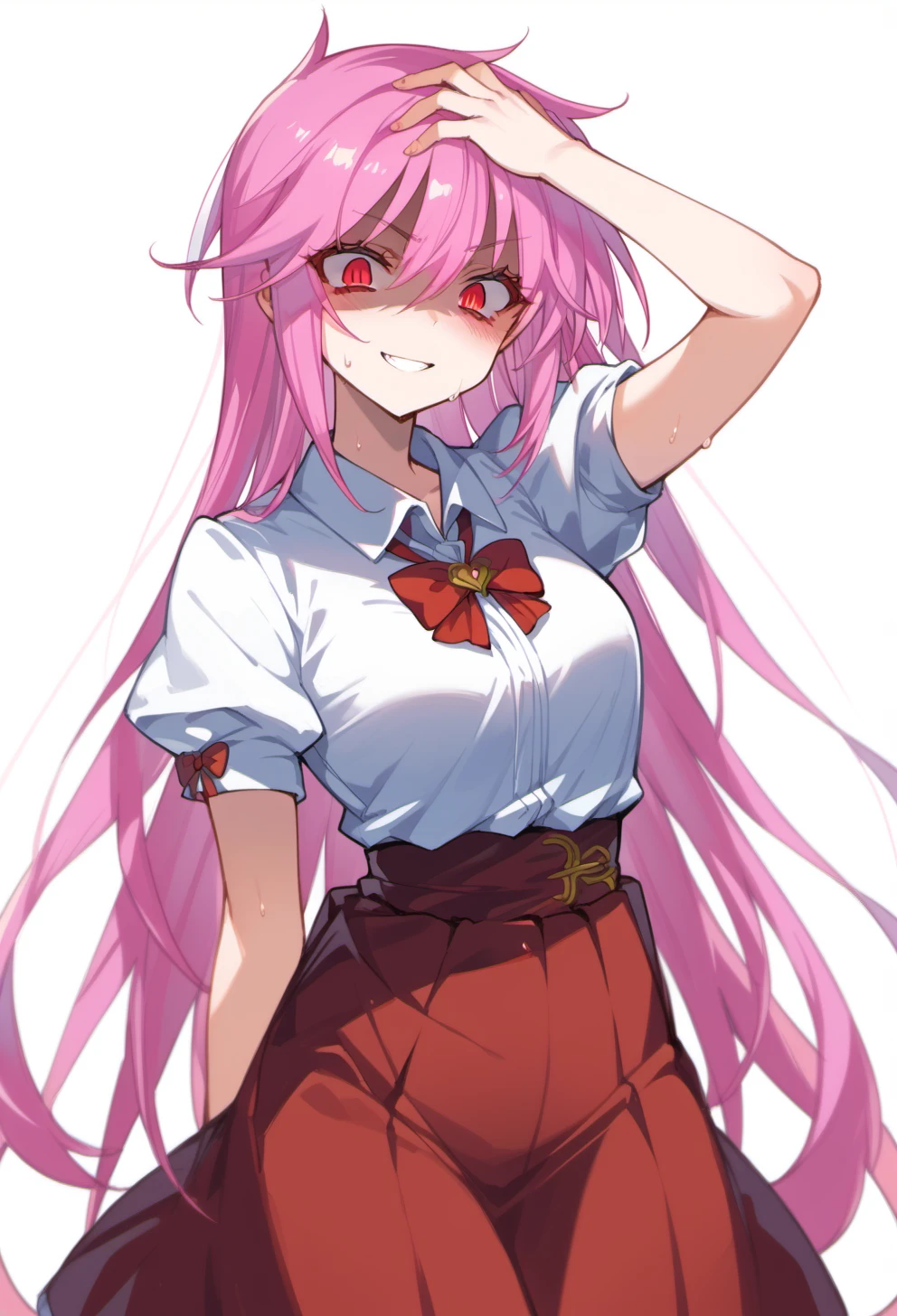 score_9, score_8_up, score_7_up, source anime, kurusu miki, 1girl, long hair, grin, shaded face, red eyes, slit pupils, red skirt, red bow, pink hair, blush, breasts, very long hair, hair between eyes, white shirt, solo, puffy short sleeves, hand on forehead, sweat on face, white background, <lora:kurusu_miki-xl-pony-v1:1>,