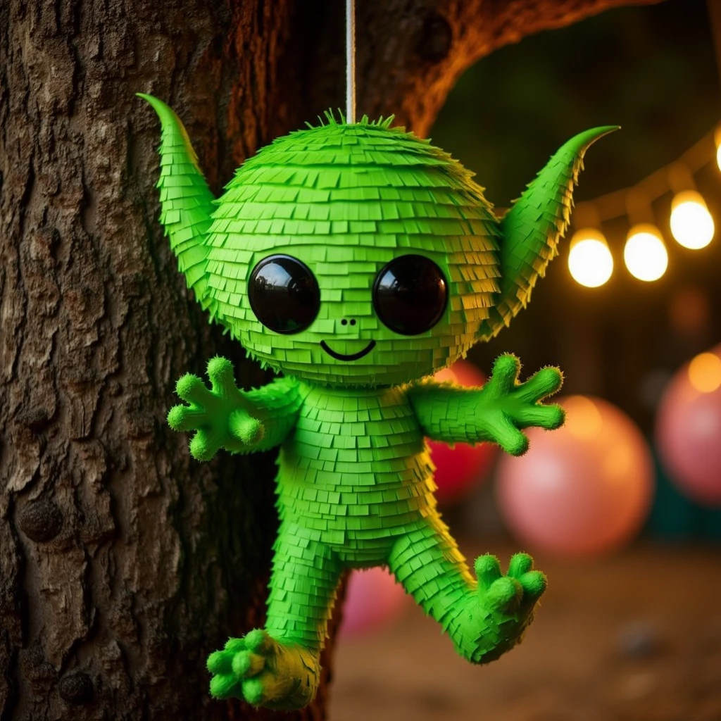 PinataFlux, a cute green alien pinata hanging from a tree at a children's party, The scene is rendered in high-resolution, photorealistic detail, with the lighting highlighting, very aesthetic, happy vibes and gloomy white lights