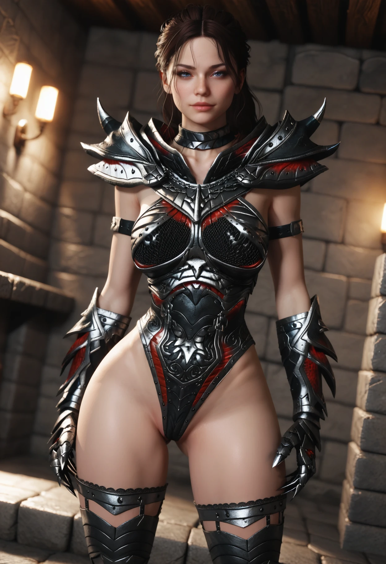 score_9, score_8_up, score_7_up,
1girl, solo, d4rkr34p3r, armor:pauldrons, gauntlets, thighhighs, choker.
indoors, stone wall, dungeon, dark, dark background, standing, contrapposto, legs apart, looking at viewer, naughty face, wide shot, from behind, dutch angle, depth of field,
  <lora:Dark_DaedricReaper_Pony_v1:0.75>