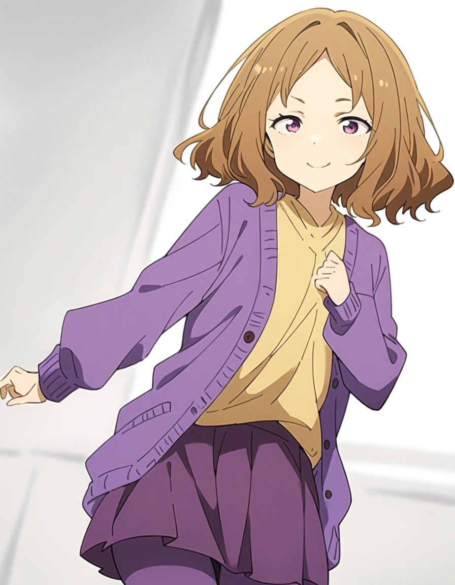 masterpiece, best quality,high quality, very aesthetic, absurdres, 1girl, cowboy shot, amanatsu sensei, brown hair, purple eyes, short hair, parted bangs, purple cardigan, yellow shirt, long sleeves, purple skirt, purple pantyhose, <lora:amanatsu_sensei_animagineXLV31_Lion_:1>, cowboy shot, smile, white background,