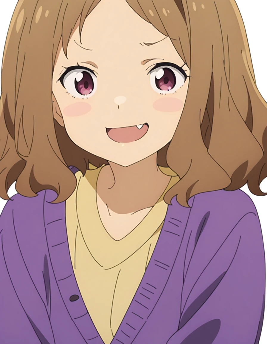 masterpiece, best quality,high quality, very aesthetic, absurdres, 1girl, amanatsu sensei, brown hair, purple eyes, short hair, parted bangs, purple cardigan, yellow shirt, long sleeves, purple skirt, purple pantyhose, <lora:amanatsu_sensei_animagineXLV31_Lion_:0.9>, white background, simple background, face focus, close-up, smile, open mouth, fang, blush stickers,