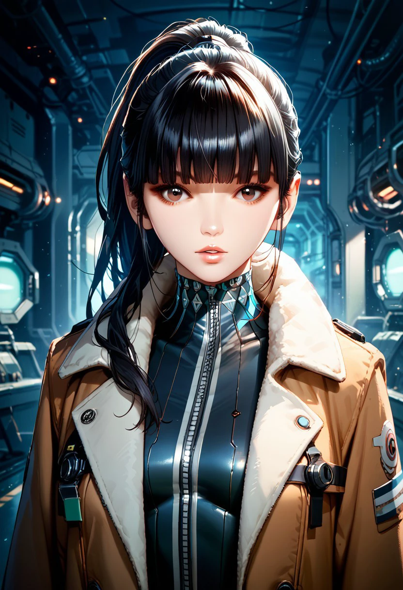 score_9,score_8_up,score_7_up,source_anime, EVE07,1girl,solo,long hair,looking at viewer,bangs,black hair,brown eyes,upper body,ponytail,parted lips,blunt bangs,lips,coat,science fiction,